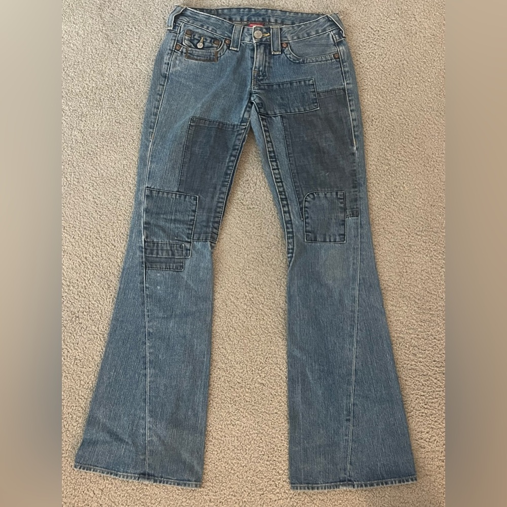 True religion low rise fit and flare vintage y2k patchwork jeans